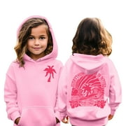 Mlqidk Back to School Clothes for Girls Pink Palm Puff Hoodie Long Sleeve Letter Print Cute Drawstring Pullover Kids 3-4 Years Graphic Hoodie Kids Clothes Pink