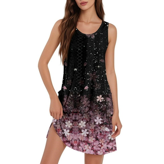 Mlqidk Beach Coverups for Women 2025 Eyelet Casual Scroop Neck Sleeveless Tank Dress Boho Floral Plus Size Sundress Elegent Beach Outfits with Pockets Pink 2XL