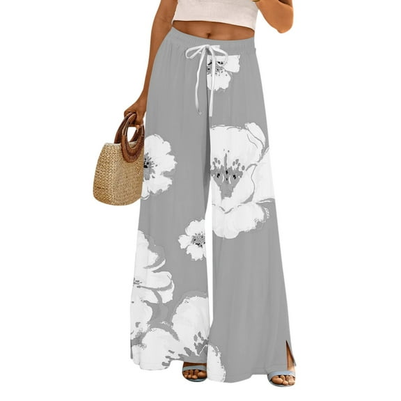Mlqidk Beach Pants for Women Lounge Loose Fit High Waist Pants Elastic Drawstring Wide Leg Capri Pants Summer Bohemian Floral Print Trouser with Pockets Royal Blue L