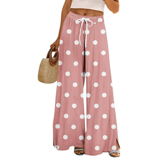 Mlqidk Beach Pants for Women Lounge Plus Size High Waisted Pants Elastic Drawstring Wide-Leg Capris Pants Summer Boho Polka Dot Trousers with Pockets Pink XL