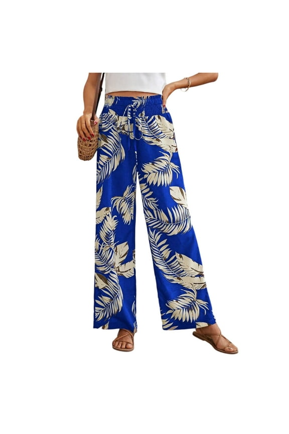 Mlqidk Boho Pants for Women Casual Loose Fitted High Waisted Pant DrawstringWide Leg Palazzo Pants Summer Bohemian Floral Print Trouser with Pockets Royal Blue L