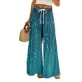 thumbnail image 1 of Mlqidk Boho Pants for Women Dressy Plus Size High Waist Pants Elastic Drawstring Wide-Leg Capri Pants Summer Bohemian Floral Print Trouser with Pockets Cyan 2XL, 1 of 4