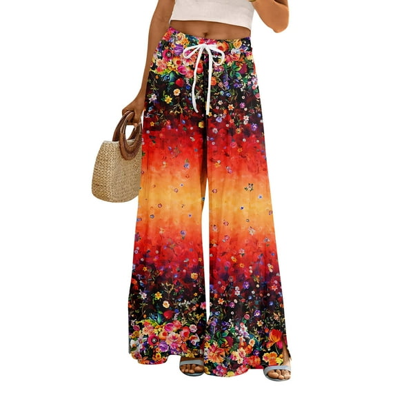Mlqidk Boho Pants for Women Lounge Plus Size High Waisted Pants Elastic Drawstring Wide Leg Capris Pants Summer Bohemian Floral Print Trousers with Pockets Saffron XL