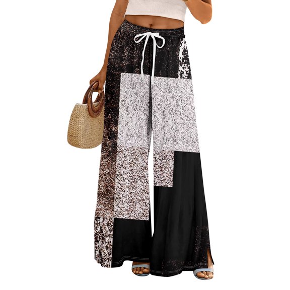 Mlqidk Boho Pants for Women Tropical Loose Fit High Waist Pants Elastic Drawstring Wide Leg Beach Pants Summer Bohemian Floral Print Trouser with Pockets Dark Gray L