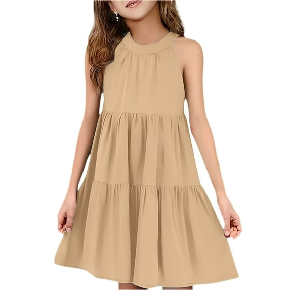 Mlqidk Bubble Dress for Girls Size 10-12 Crew Neck Sleeveless Ruffle Preppy Dresses Summer Tween Kids Trendy a Line Elegant School Solid color Midi Dress Camel 11-12 Years