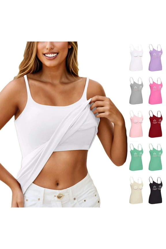 TQWQT Built In Bra Tank Tops for Women Camisole Adjustable Spaghetti Strap Shelf Bras Yoga Workout Basic Undershirts Gray L