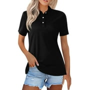MLQIDK TQWQT Black Polo Shirt Women Short Sleeve Button Down Collared Shirts Casual Loose V Neck Tshrits Business Work Blouses Summer Tops Black M