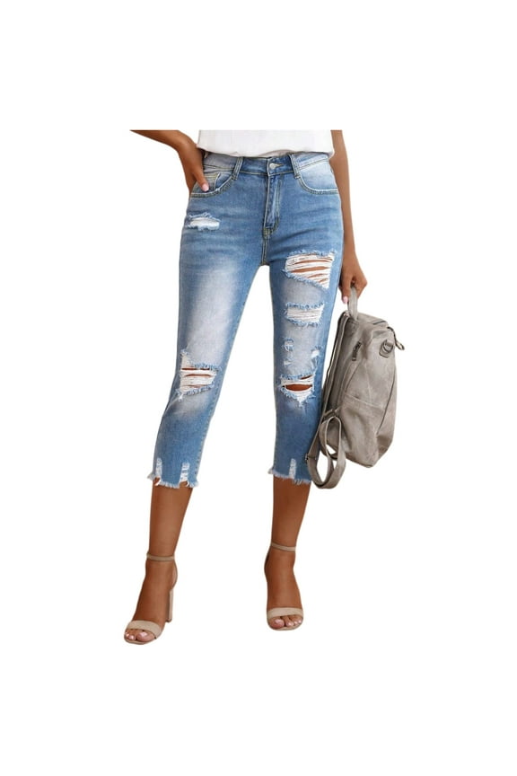 Mlqidk Capri Jeans for Women Loose Mid Rise Skinny Capris Stretchy Denim Jeans Knee Length Petite Trousers with Pockets Light Blue L