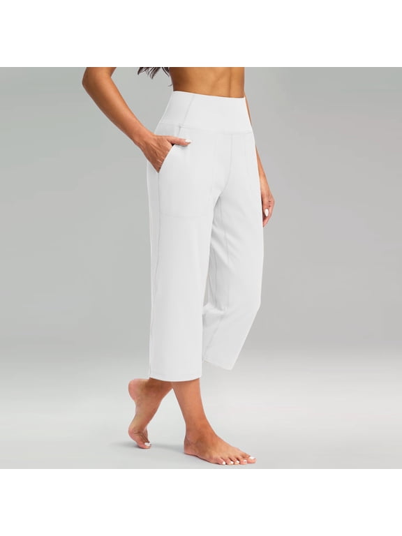 Capris Pants for Women High Waist Leggings Crop Capris Wide Leg Capri Pants with Pockets Workout Tummy Control Cropped Pants White 2XL