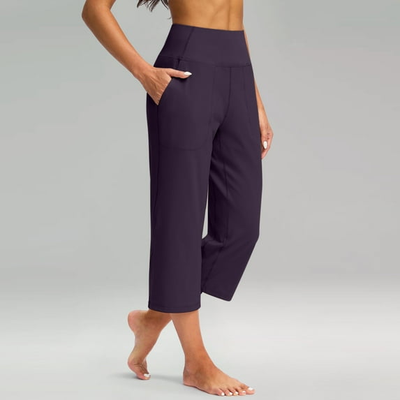 TQWQT Womens Capris for Summer Wide Leg Crop Pants with Pockets Tummy Control Yoga Capris High Waist Plus Size Cropped Pants Purple 3XL
