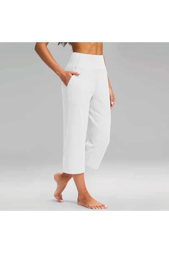 Plus Size Capris for Women High Waist Leggings Yoga Capris Straight Leg Crop Pants with Pockets Plus Size Tummy Control Cropped Pants White XL