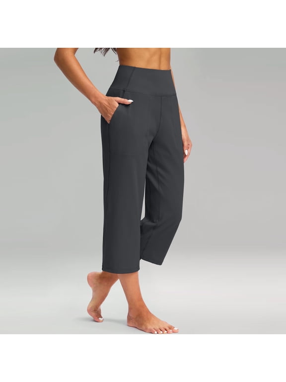 Capri Pants for Women Summer Wide Leg Crop Pants with Pockets Tummy Control Yoga Capris High Waist Workout Cropped Pants Dark Gray M