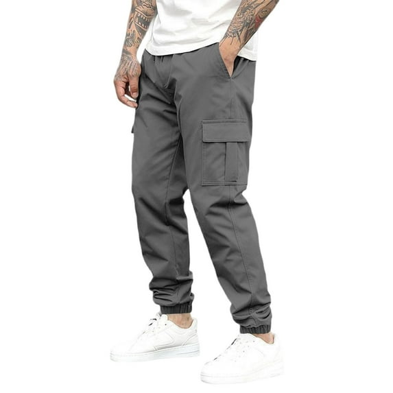 Mlqidk Cargo Pants for Men Athletic Stretchy Work Sweatpants Loose Fit Drawstring Elastic Waist Trouser with Pockets Big and Tall Solid Color Pants Gray 3XL