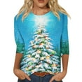 thumbnail image 1 of Mlqidk Christmas 3/4 Sleeve Shirts for Women Dressy Casual Cute Print Crewneck Tunic Tops Loose Three Quarter Length Pullover Cyan XXXL, 1 of 6