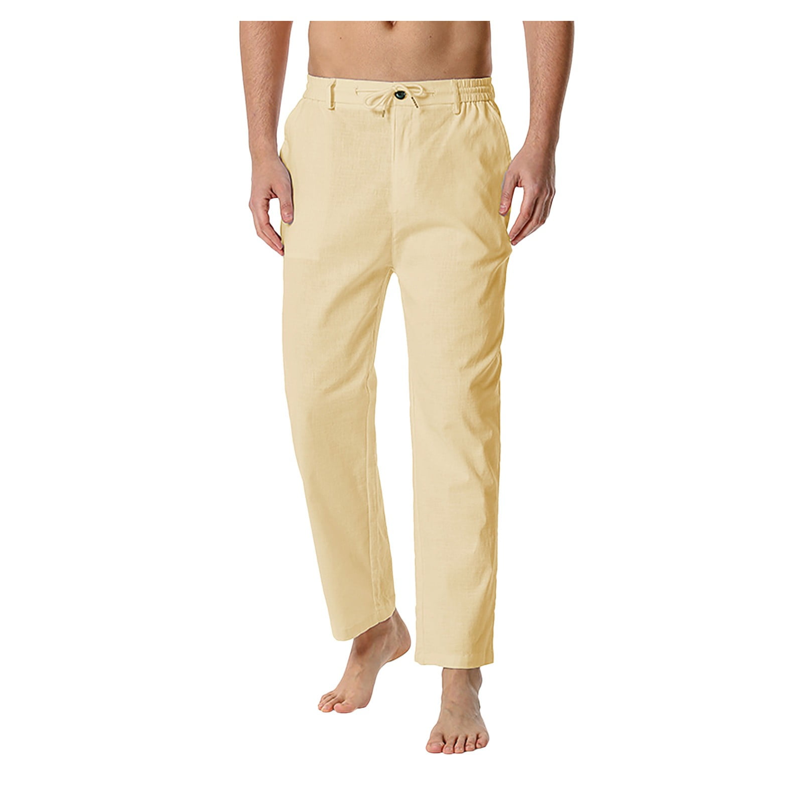 Mlqidk Cotton Linen Pants Men Casual Elastic Waist Straight Leg Long ...
