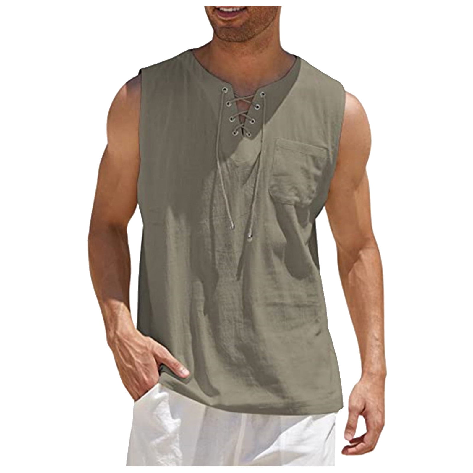 Mlqidk Cotton Linen Tank Top for Men Summer Beach Hippie Sleeveless Shirts Lace Up Cotton Linen