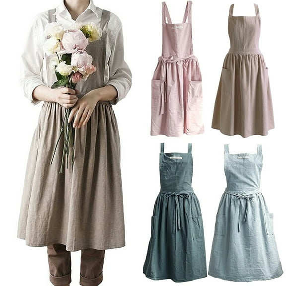 Mlqidk Cotton and linen Kitchen Cooking Aprons Dress for Women with Pockets Cute for Baking Painting Gardening Cleaning Light Blue