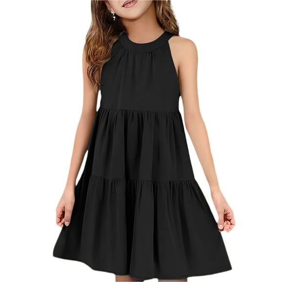 Mlqidk Cute Dresses for Girls Size 10-12 Crew Neck Sleeveless Ruffle A-Line Teens Summer Elegant Western Dress Trendy Solid color Midi Dress Black 7-8 Years