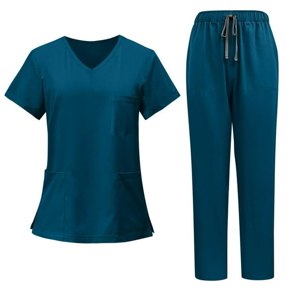 Mlqidk Dark Blue Scrubs Sets for Women Cool Stretch Nurse Uniform V Neck Top & Jogger Pant with Pockets Scrubs Set Dark Blue S