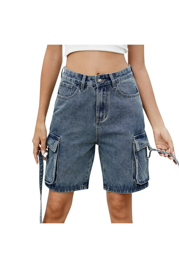 Mlqidk Womens Jean Shorts Loose Fit Straight Leg High Waisted Jorts Trendy Knee Length Bermuda Shorts Stretchy Denim Shorts with Pockets Blue M