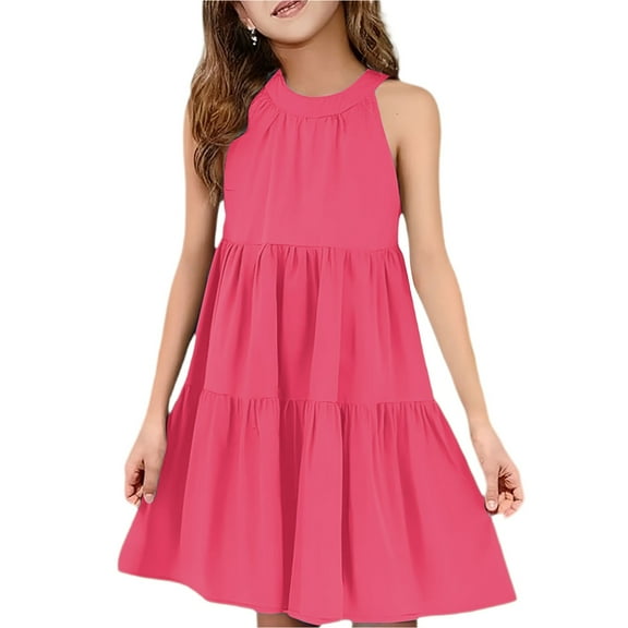 Mlqidk Dress for Girls Size 10-12 Crew Neck Sleeveless Ruffle Pastel Dress Summer Little Girls Trendy a Line Flowy Party Solid color Midi Dress Vermilion 11-12 Years