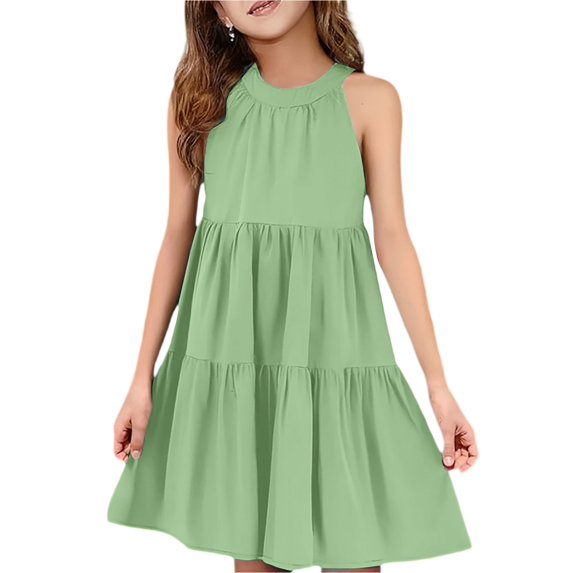 Mlqidk Dress for Girls Size 10-12 Crew Neck Sleeveless Ruffle Preppy Dresses Summer Girls Trendy A-Line Flowy Beach Solid color Midi Dress Mint Green 7-8 Years