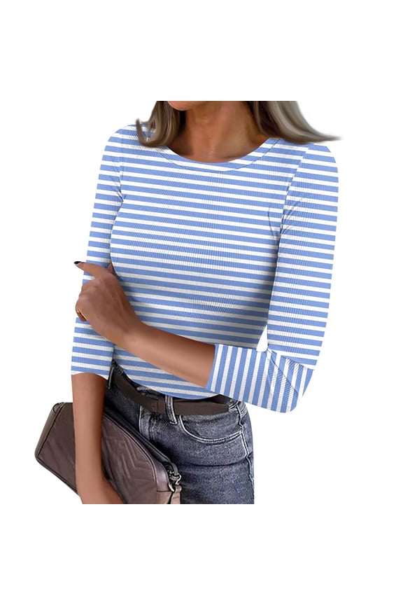 Fitted Shirts for Women Casual 3/4 Length Sleeve Tight Top Dressy Boat Neck Knit T-Shirt Striped Print Ribbed Pullover Blouses Light Blue S