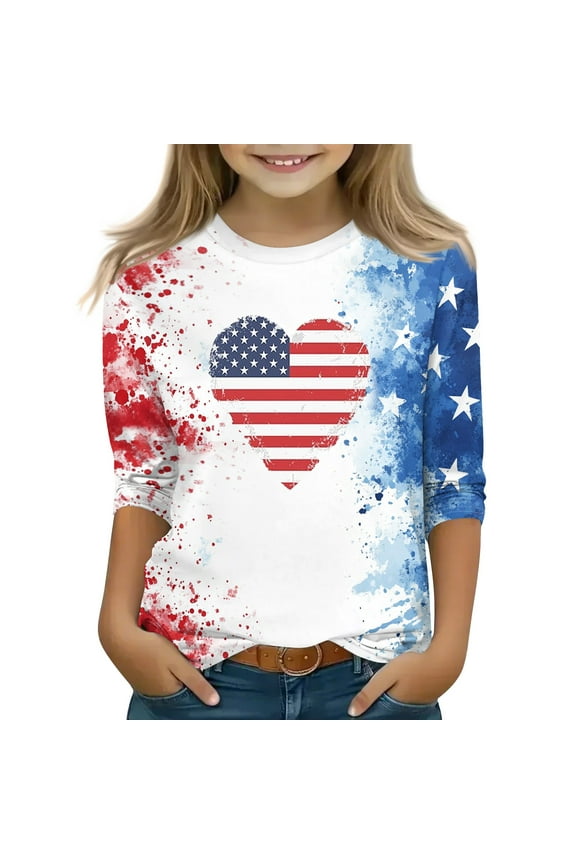 Mlqidk Girls 3/4 Sleeve T Shirts Kids 4th Of July American Flag T-Shirts Independence Day Tees Casual Red White and Blue Tops Kids Wine 10-11Y