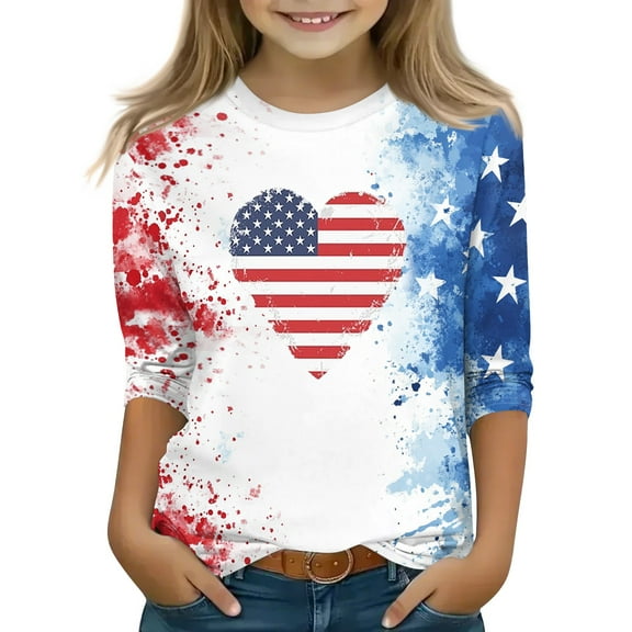 Mlqidk Girls 3/4 Sleeve T Shirts Kids 4th Of July American Flag T-Shirts Independence Day Tees Cute Red White and Blue Tops Kids Wine 12-13Y