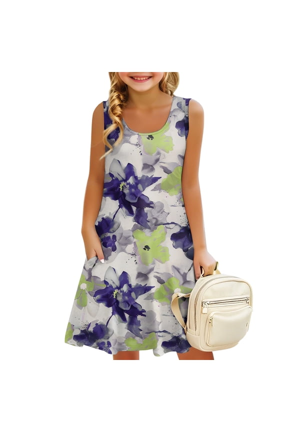 Girls Cute Summer Dresses Size 10-12 Vacation Beach Swimsuit Coverup Sleeveless Floral Dresses Casual Tween Girls Tank Dresses Dark Purple 6-8 Years