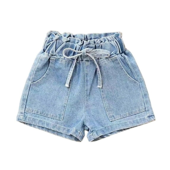 Mlqidk Girls Jeans Shorts Size 10-12 Summer Sports Elastic Belt Jeans Shorts Kids Plus Size Wide legs Mini Shorts with Pockets Sky Blue 5-6 Years