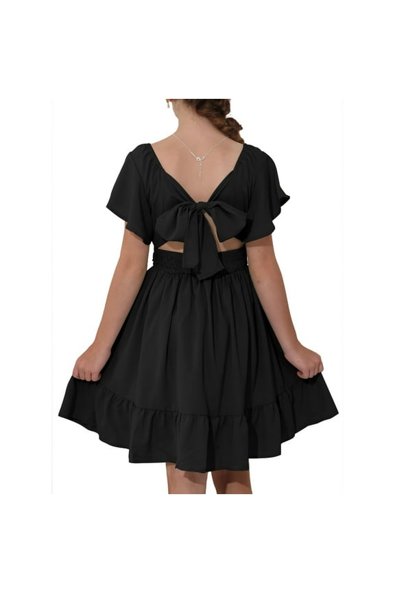 Mlqidk Girls Summer Dresses Ruffle Sleeve Bow Tie Back Dress A-Line Swing Holiday Midi Dresses Cute Square Neck Sundress Tween Kids Black 4-5Y