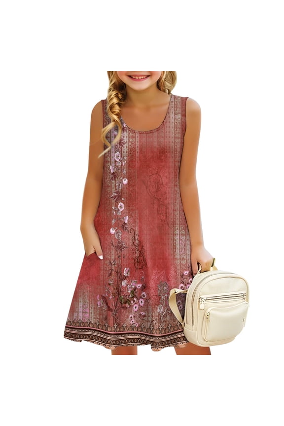 Girls Summer Dresses Size 10-12 Vacation Beach Swim Cover Up Sleeveless Mini Dresses Casual Tween Girls Tank Sundresses Red 10-12 Years
