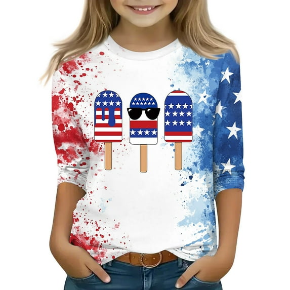 Mlqidk Girls' Summer T Shirts 10-12 3/4 Sleeve American Flag 4th Of July Independence Day Tops Cute Red White and Blue T-Shirt Kids Red 6-7Y