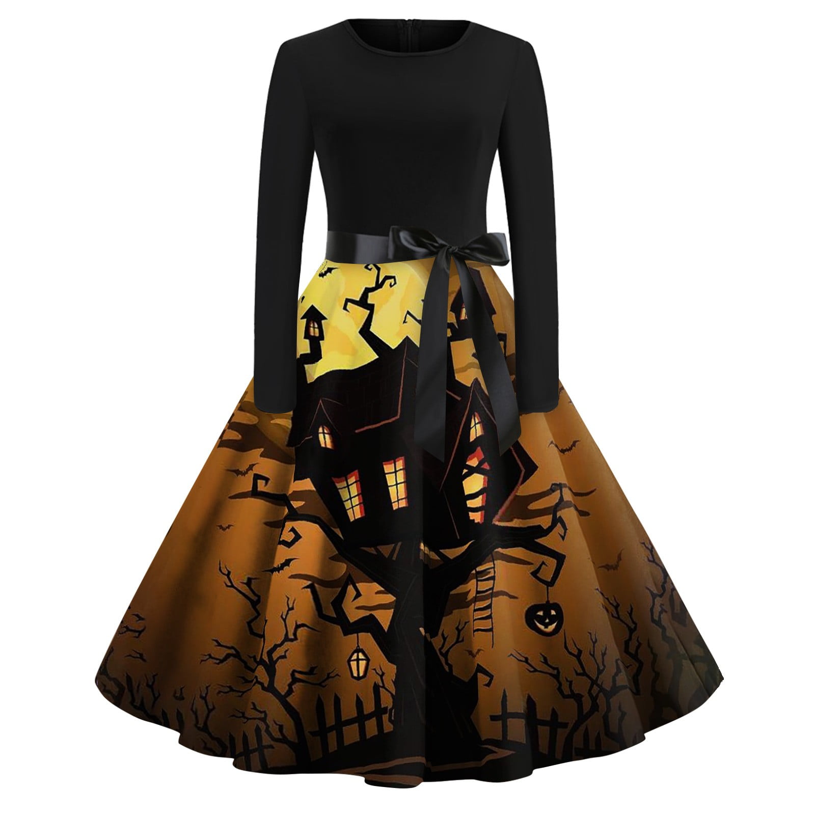 Mlqidk Halloween Dress for Women Pumpkin Bat Vintage Costume Party a ...