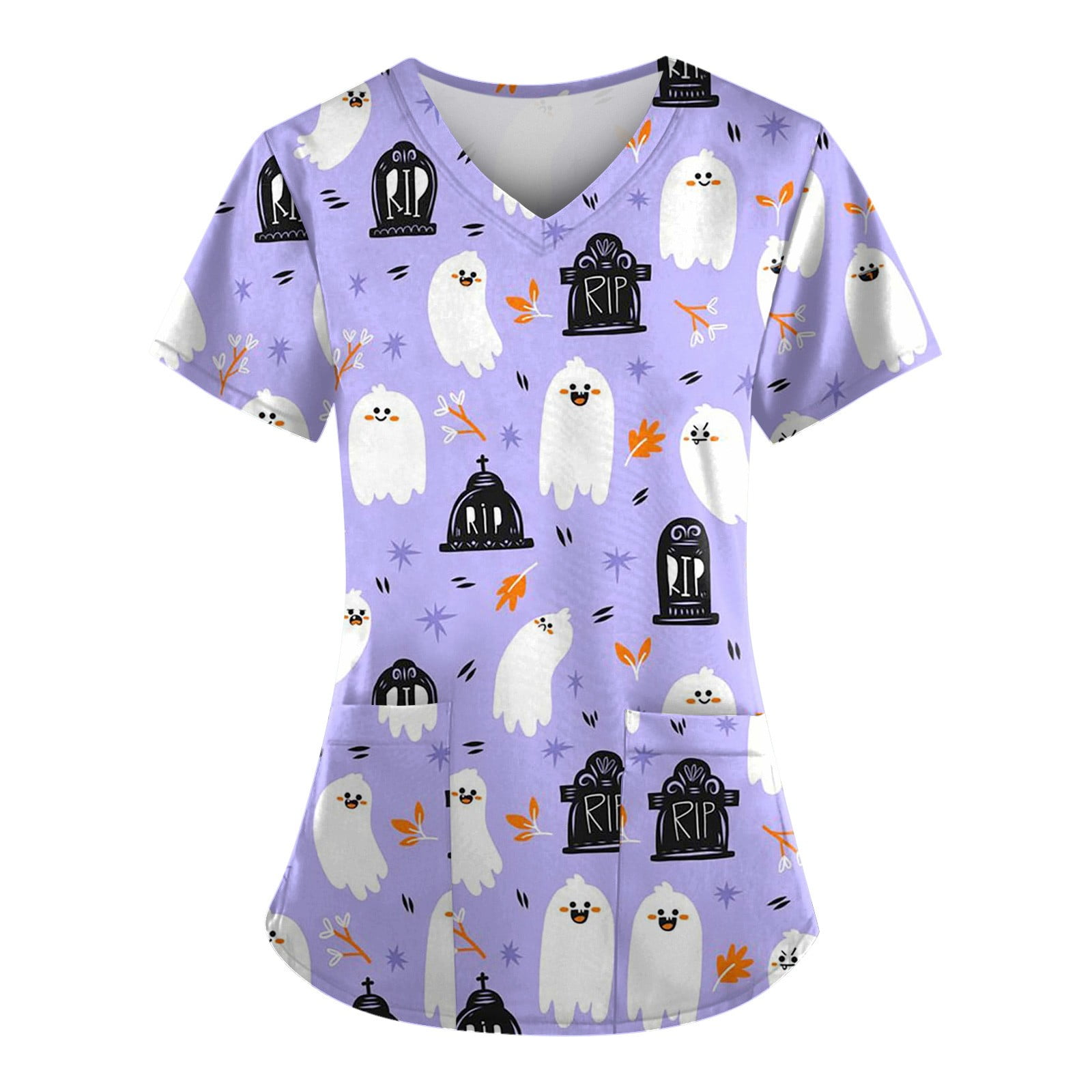 Mlqidk Halloween Plus Size Scrub Tops for Women, Women Short Sleeve