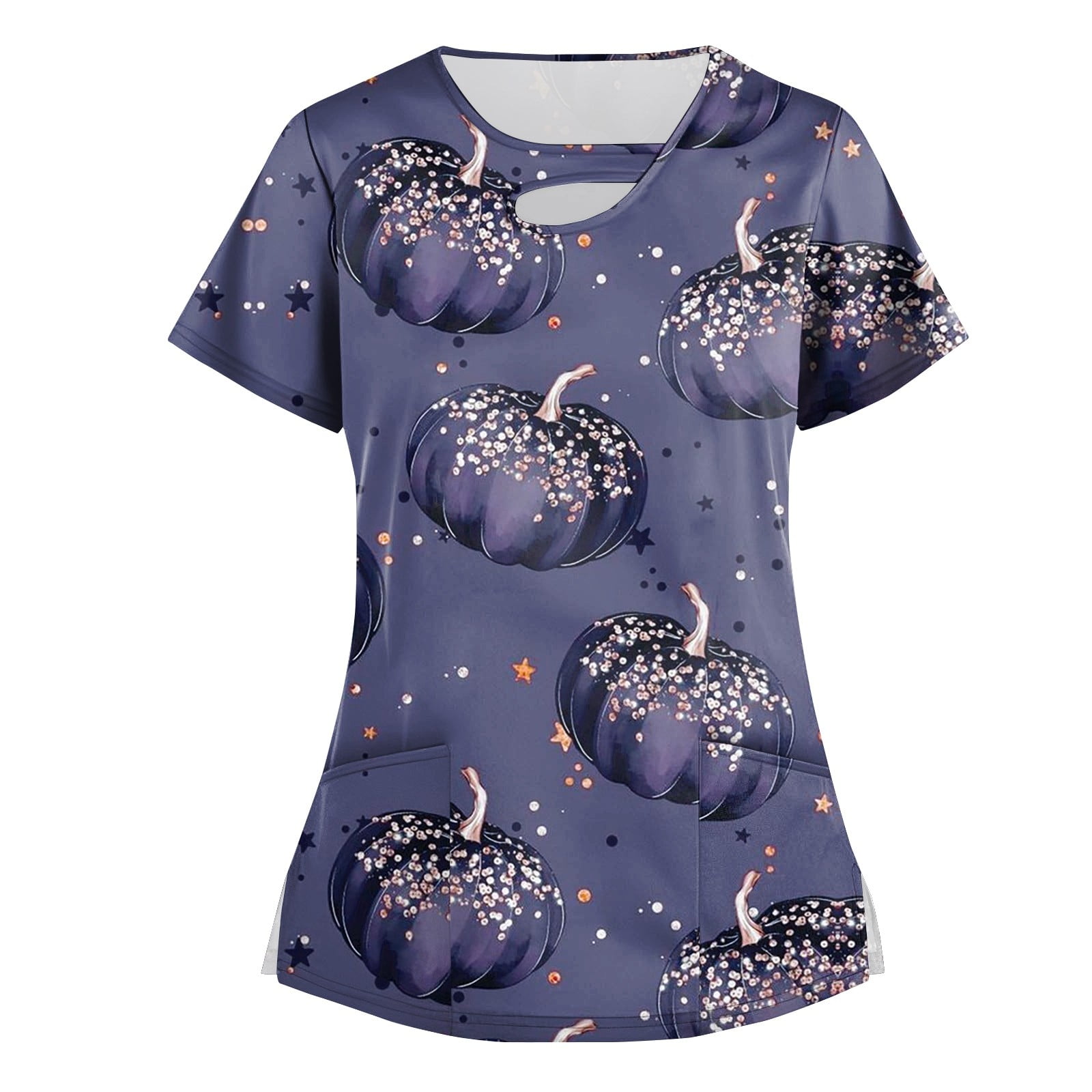 Mlqidk Halloween Print Scrub Top Cute Cartoon Pumpkin Cat Bat Print