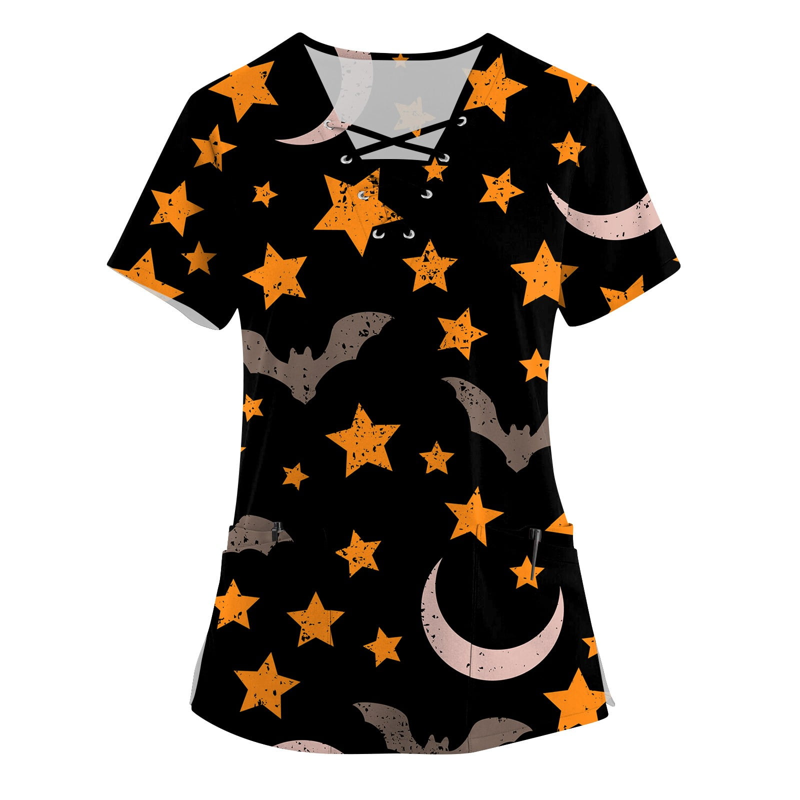 Mlqidk Halloween Print Scrub Tops for Women Cute Pumpkin Cat Bat