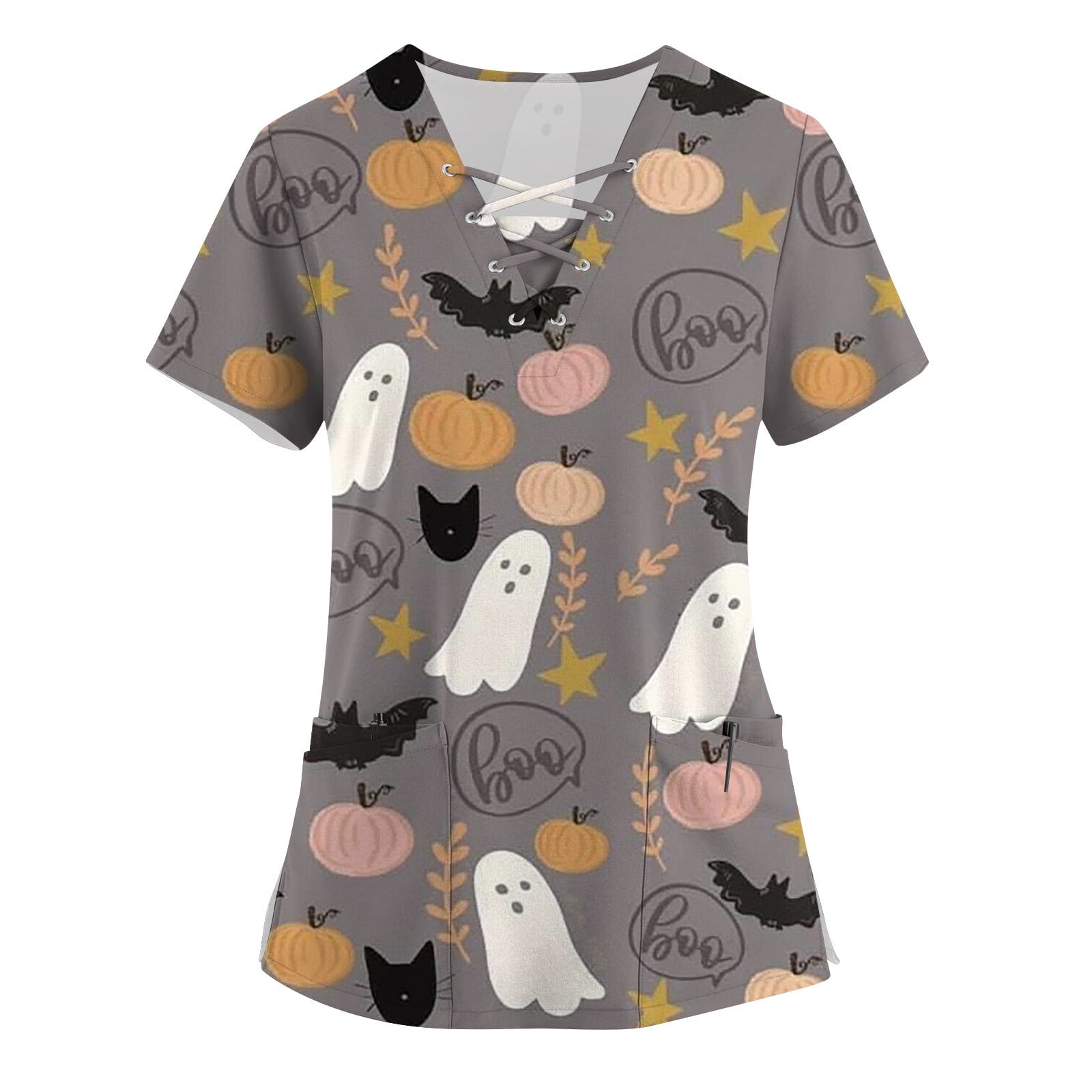 Mlqidk Halloween Scrub Tops for Women Cute Cartoon Pumpkin Cat Bat