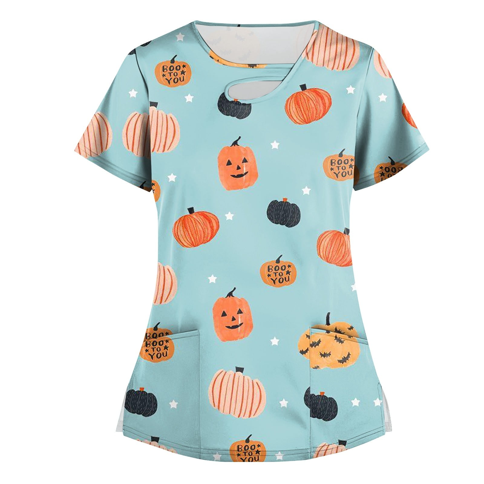 Mlqidk Halloween Scrubs for Women Cute Pumpkin Cat Bat Pattern Short