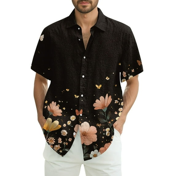 Mlqidk Hawaiian Button Down Shirts for Men Beach Holiday Casual Short Sleeve Shirts Tropical Floral Shirt Regular Fit Wrinkle Free Tshirt Black XL