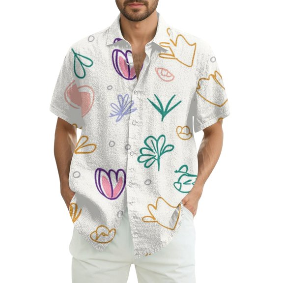 Mlqidk Hawaiian Button Down Shirts for Men Casual Short Sleeve Beach Vacation Shirts Tropical Floral Shirts Regular Fit Wrinkle Free T-Shirt White 4XL