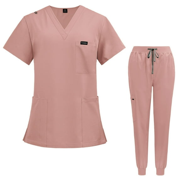 Mlqidk Healing Hands Scrubs for Women Breathable Nurse Scubs V Neck Top & Jogger Pant with Pockets Medical Scrub Set Pink L