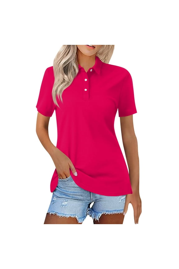 TQWQT Hot Pink Polo Shirts for Women Short Sleeve Casual Summer Business Tops V Neck Button Collared Work Cute Tees Hot Pink L