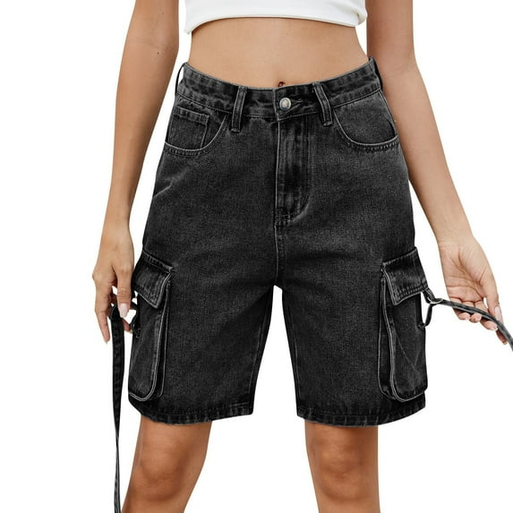 Mlqidk High Waisted Shorts Women Knee Length Wide Leg Jean Bermuda Shorts Baggy Loose Fit Stretchy Jorts Fashion Long Shorts with Pockets Black XL