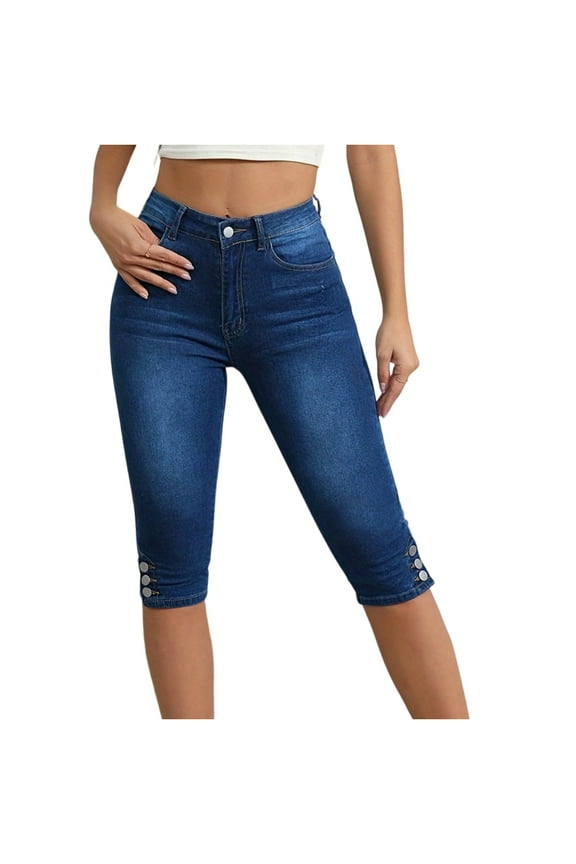 Summer Capri Pants for Women High Waisted Skinny Capris Knee Length Casual Stretch Denim Jean Capris Trendy Trousers with Pockets Blue L
