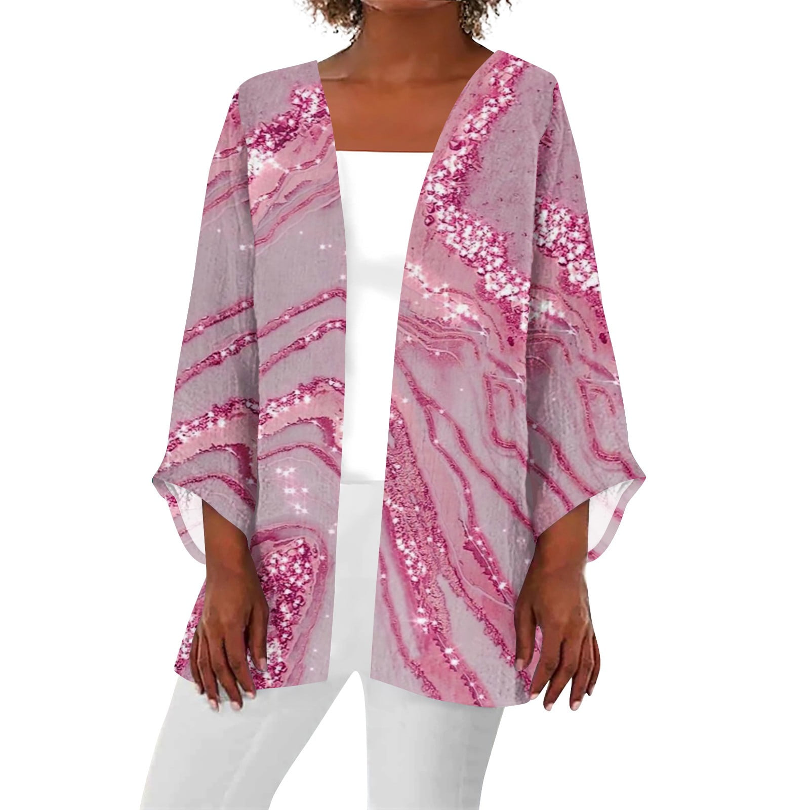 Mlqidk Kimono Cardigans for Women Dressy Lightweight 3 4 Sleeve Casual Open Front Light Cardigan Drape Duster Sweaters Pink M
