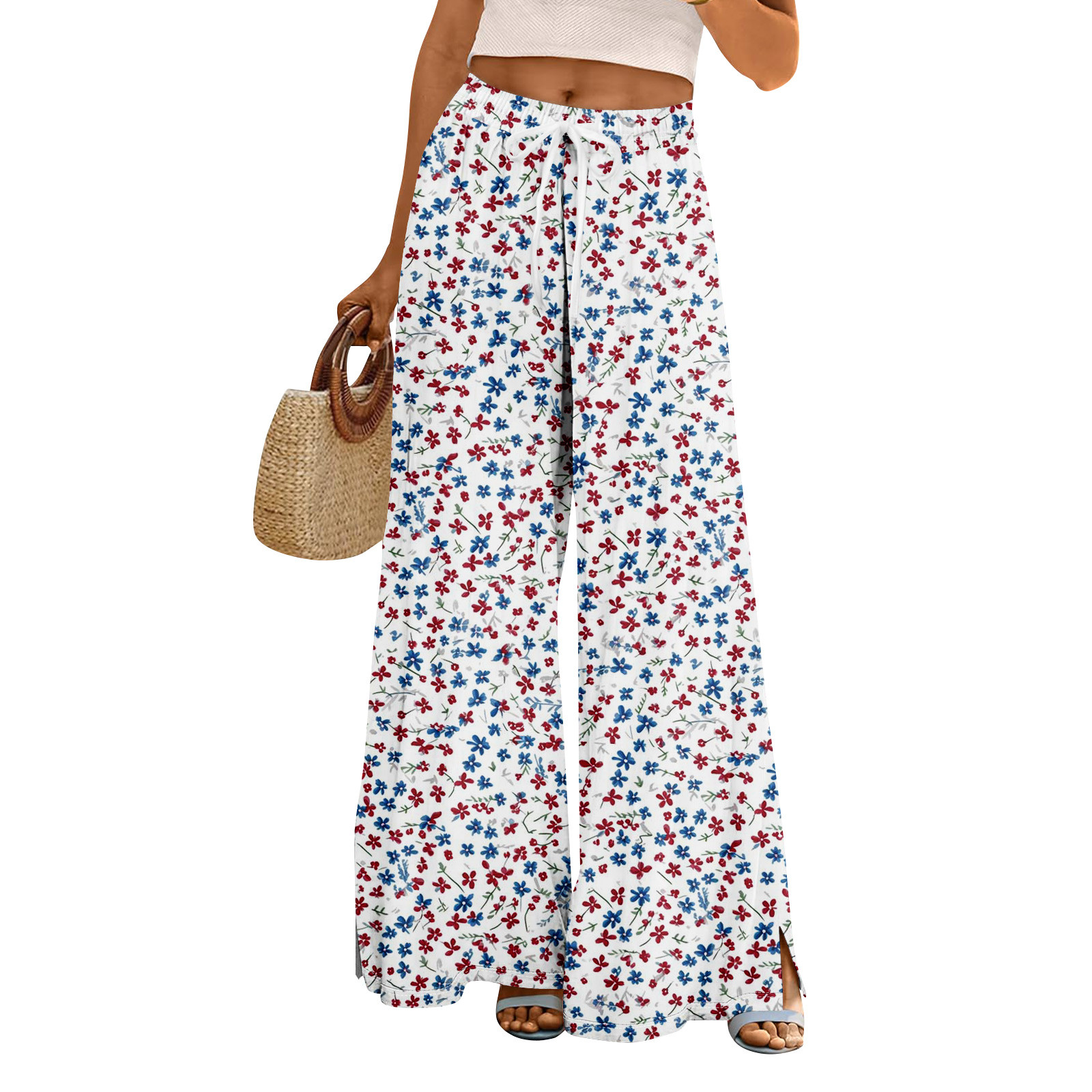 Back Elastic Waist Band Side Pockets Pleat Side Open Slit Tropical Print Pants