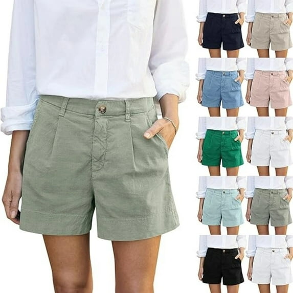 Mlqidk Linen Bermuda Shorts for Women Dressy Casual Chino Shorts Wide Leg High Waisted Trendy Summer Work Shorts with Pockets Khaki 3XL