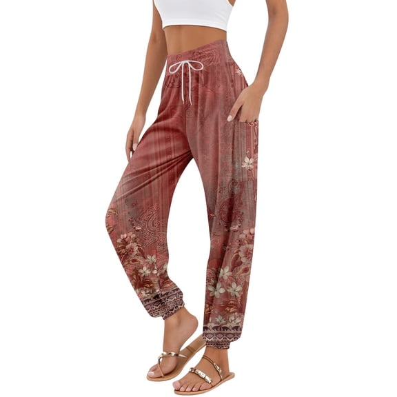 Mlqidk Linen Pants Women Baggy Flowy Elastic Waisted Pants Wide Leg Boho Floral Beach Travel Trousers with Pockets Ginger 2XL